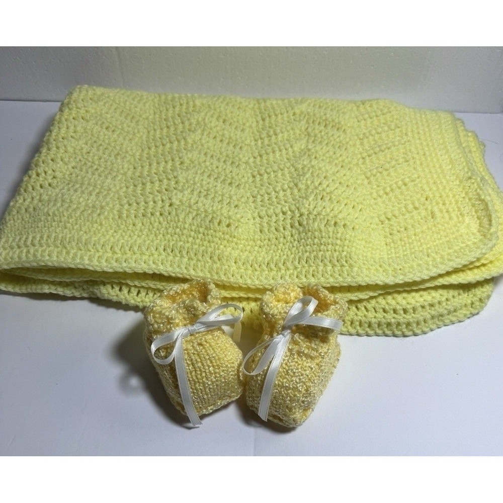 Handmade crochet baby blanket and booties set yellow chevron ripple knit gift